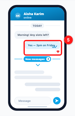 Step 5 — delivery and read ticks on a sent message, with a reaction on its corner (5).