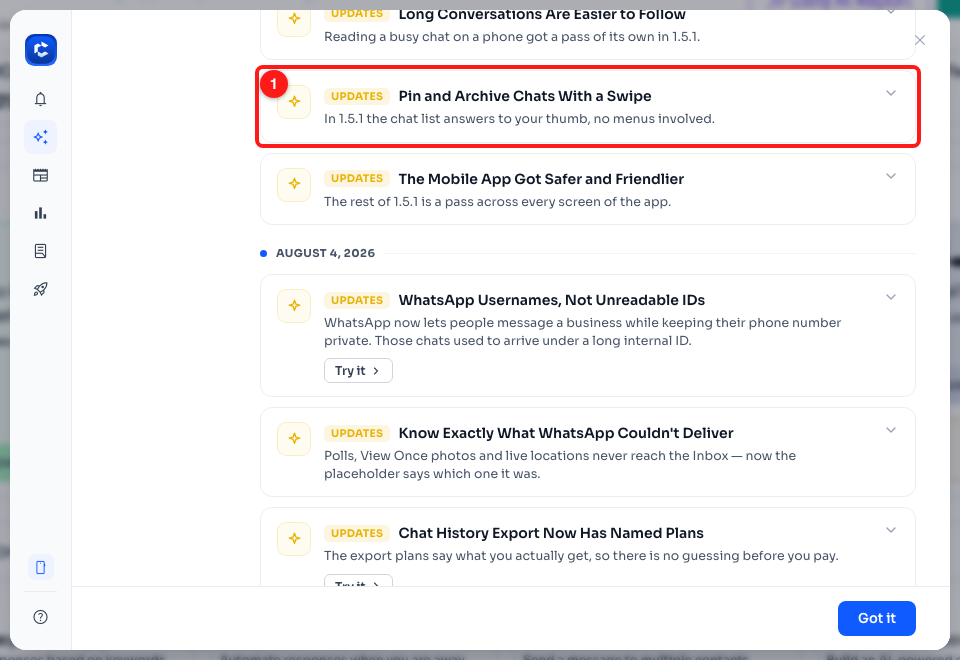 Step 1 — the 1.5.1 release note in the dashboard's What's New window (1).
