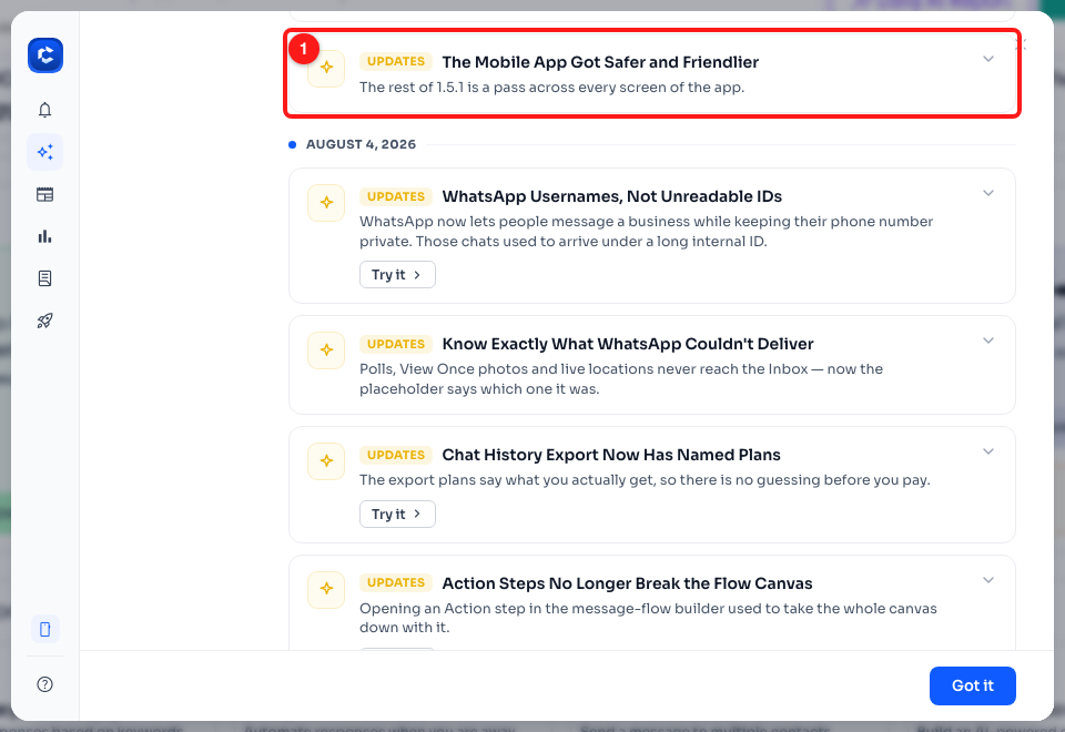 Step 1 — the 1.5.1 release note in the dashboard's What's New window (1).