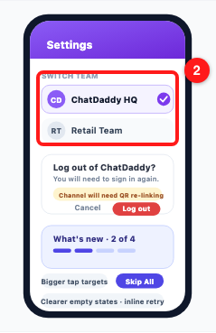 Step 2 — the Switch Team list, with avatars and a tick on the team you are in (2).