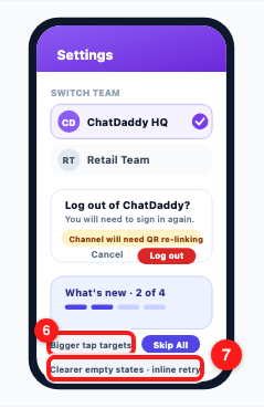 Step 5 — bigger tap targets (6), and clearer empty states with an inline retry (7).