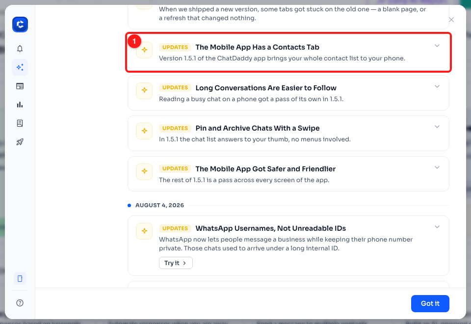 Step 1 — the 1.5.1 release note in the dashboard's What's New window (1).