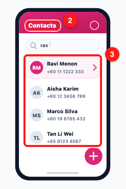 Step 2 — the Contacts tab (2) and the list beneath it, which loads more as you scroll (3). From ChatDaddy's illustration of the feature.