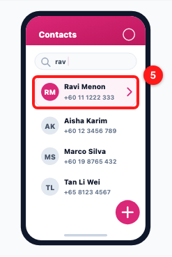 Step 4 — a matching contact row; tapping it opens the conversation (5). From ChatDaddy's illustration of the feature.