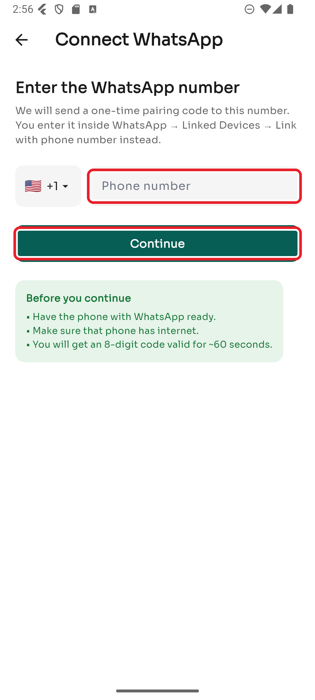 Enter the WhatsApp number and tap Continue