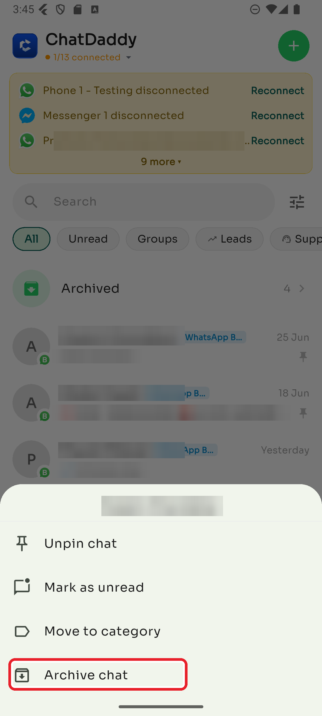 Long-press a chat and tap Archive chat