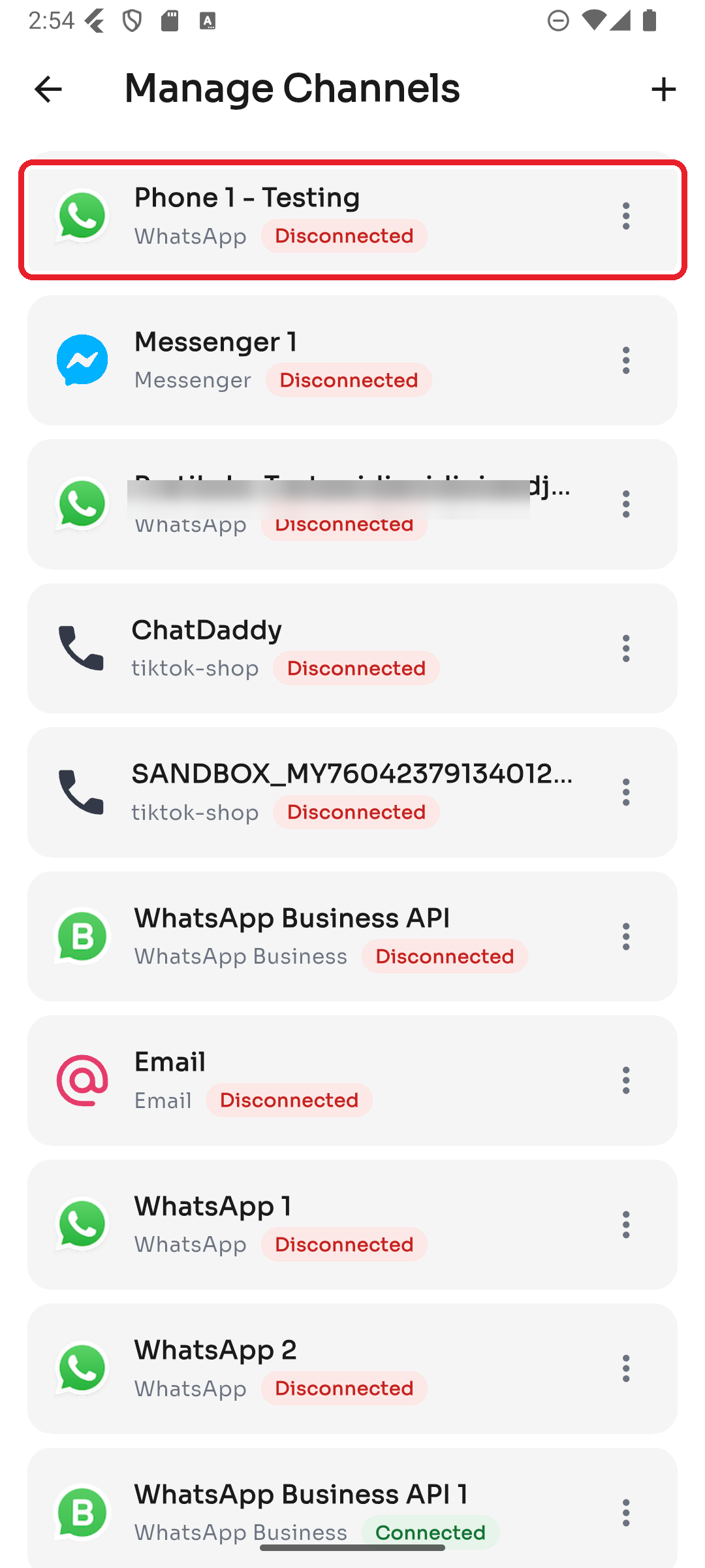 The Manage Channels list with status badges