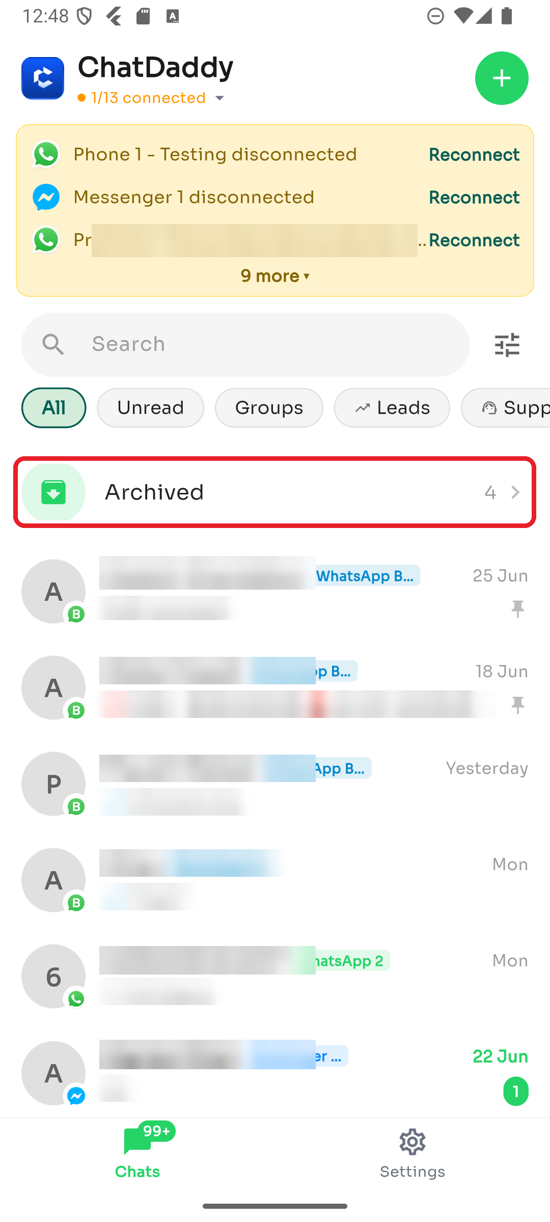 Tap Archived to view archived chats