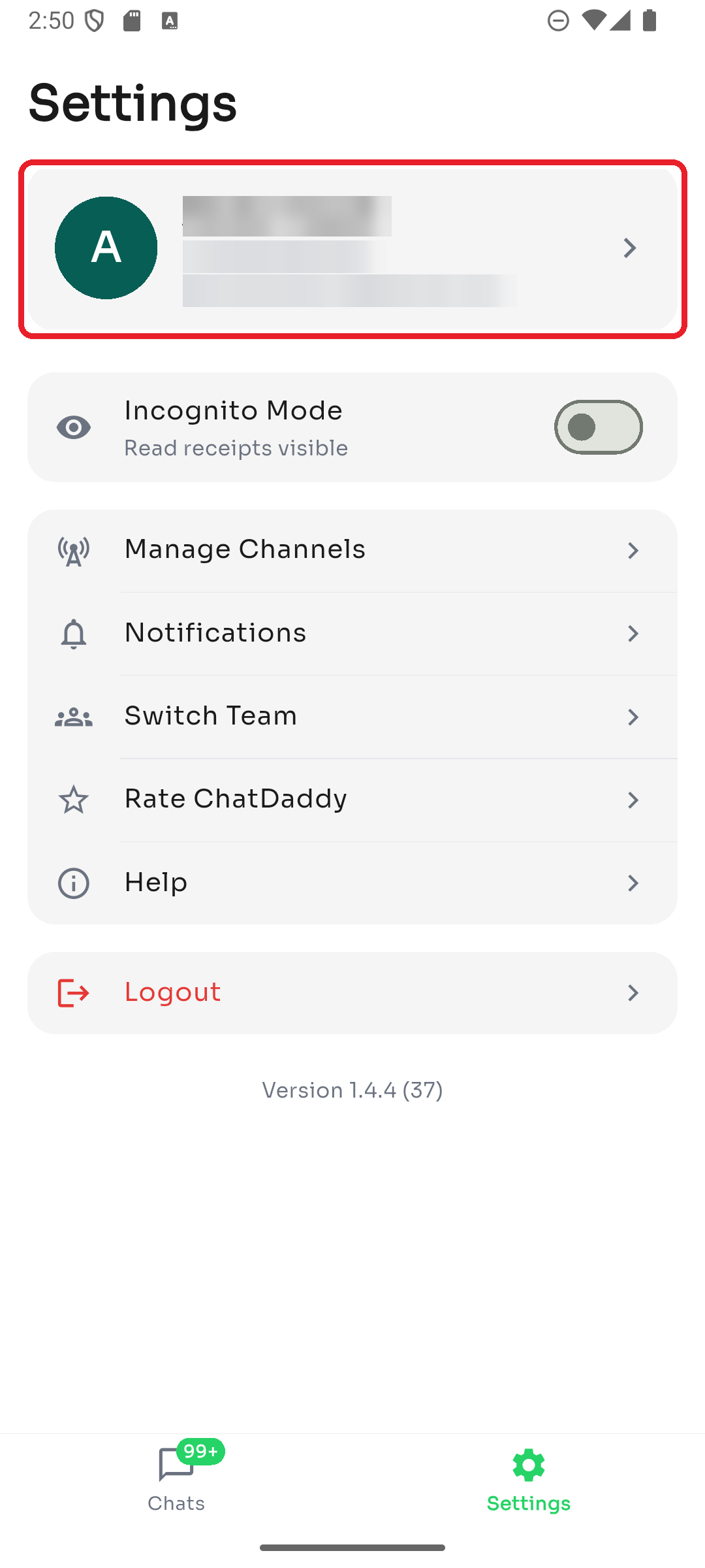 Your profile card at the top of Settings