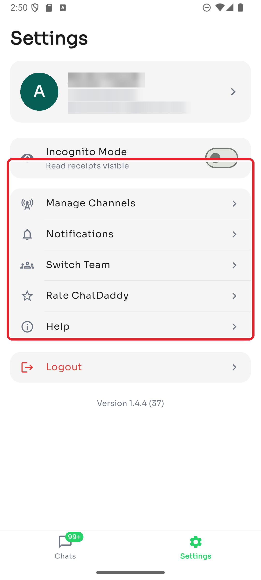The Settings menu