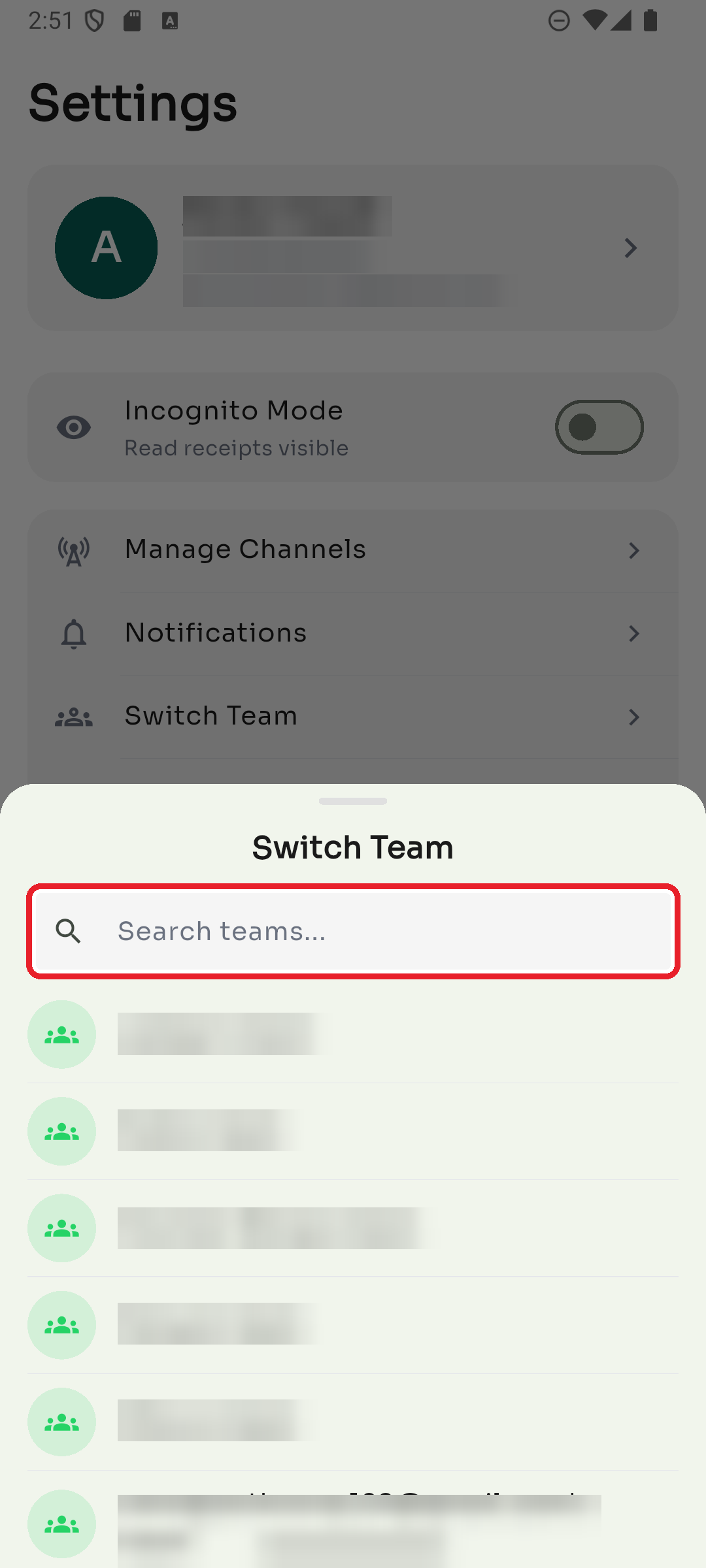 Search for and tap a team to switch