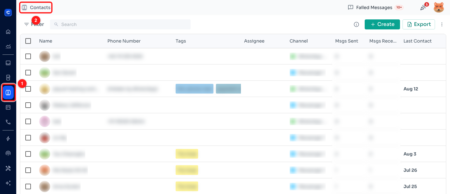 Step 1 — a misspelled address lands on the real page: Contacts is selected in the navigation bar (1) and named at the top of the screen (2). Contact names, phone numbers and avatars are blurred throughout this guide.