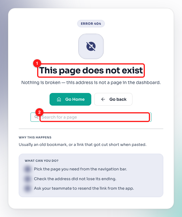 Step 3 — the ERROR 404 screen: the heading that explains what happened (1) and the page search box below the buttons (2).