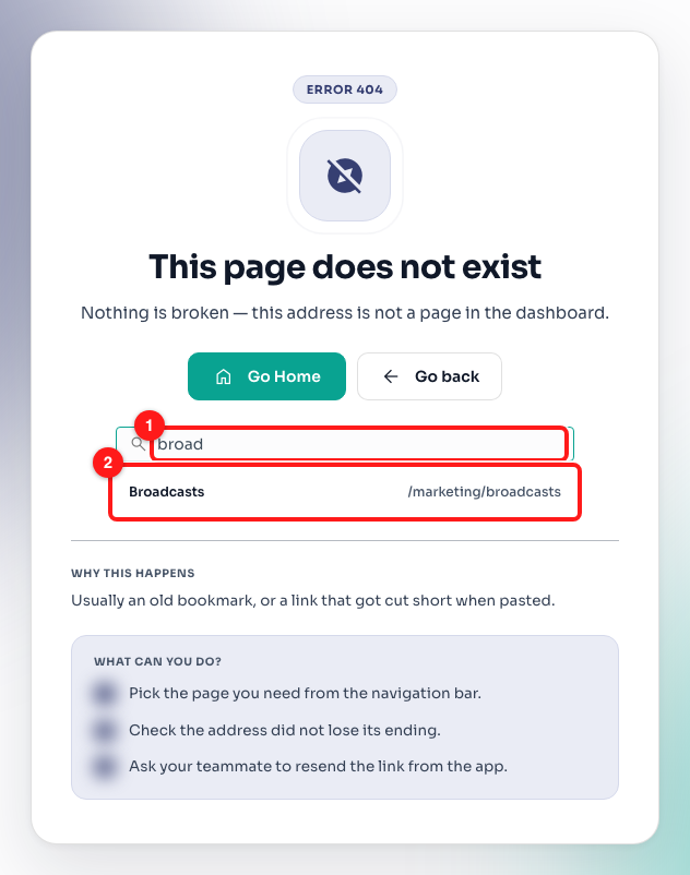 Step 4 — typing “broad” into the search box (1) lists Broadcasts with its current address (2).