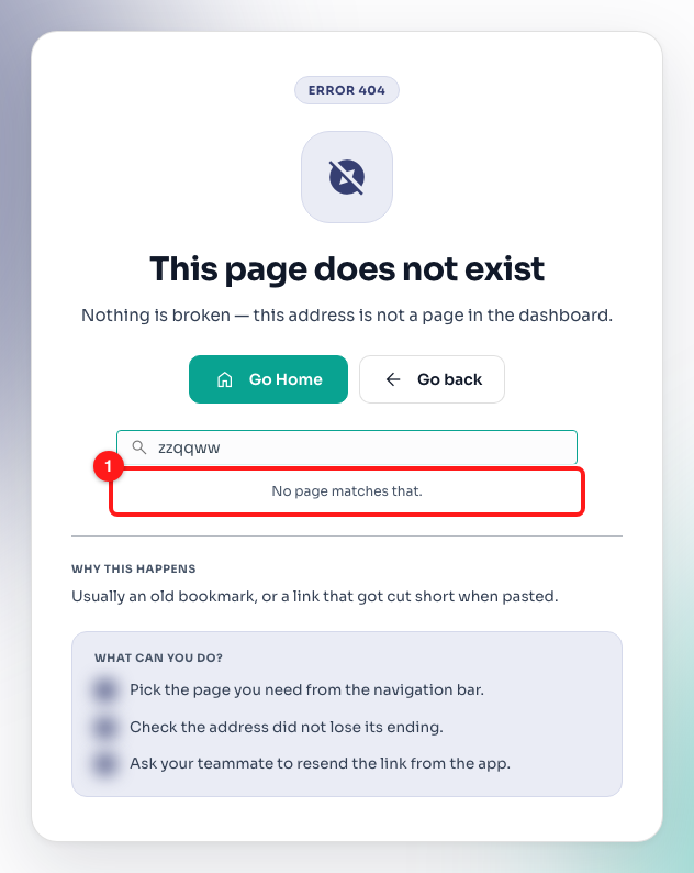 Step 5 — nothing matched what was typed (1); shorten the word or use the page name from the navigation bar.