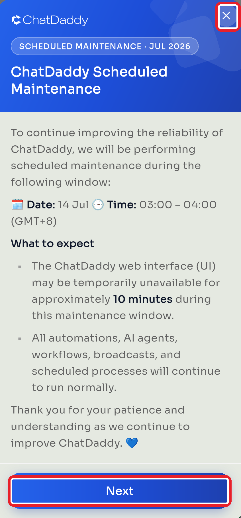 Example announcement pop-up