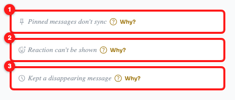 Step 3 — pinned (1), reaction (2) and kept disappearing message (3). All three say “No action needed.”