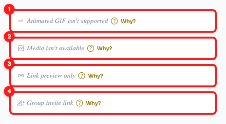 Step 4 — animated GIF (1), missing media (2), link preview only (3) and group invite (4).