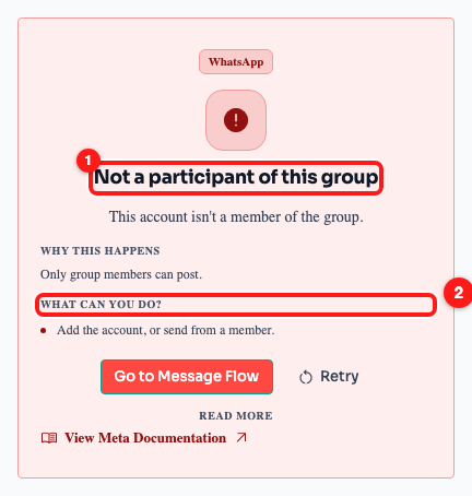 Step 4 — “Not a participant of this group” (1) and the fix it suggests (2).