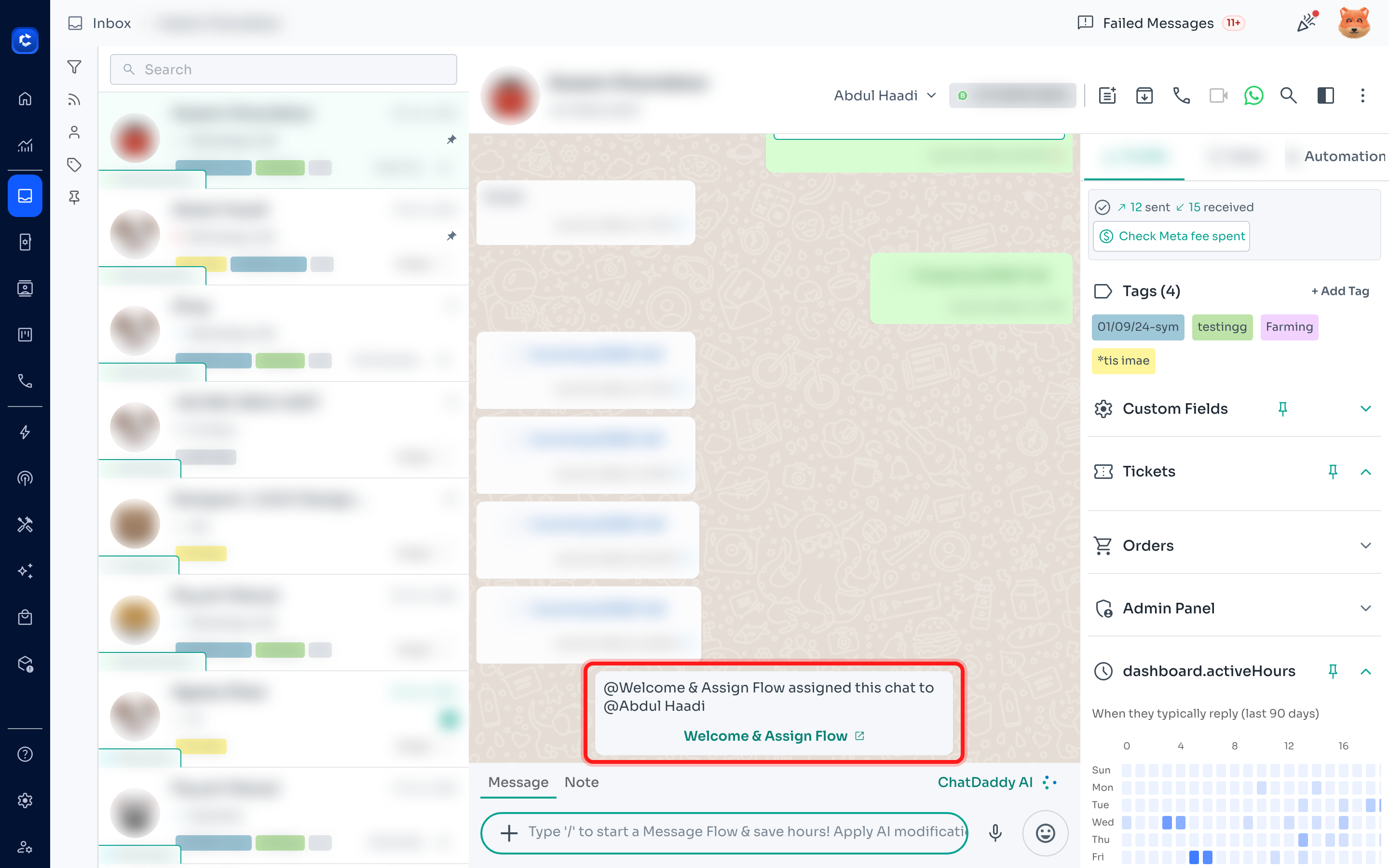The assignment note inside the conversation, showing which flow assigned the chat and to whom.