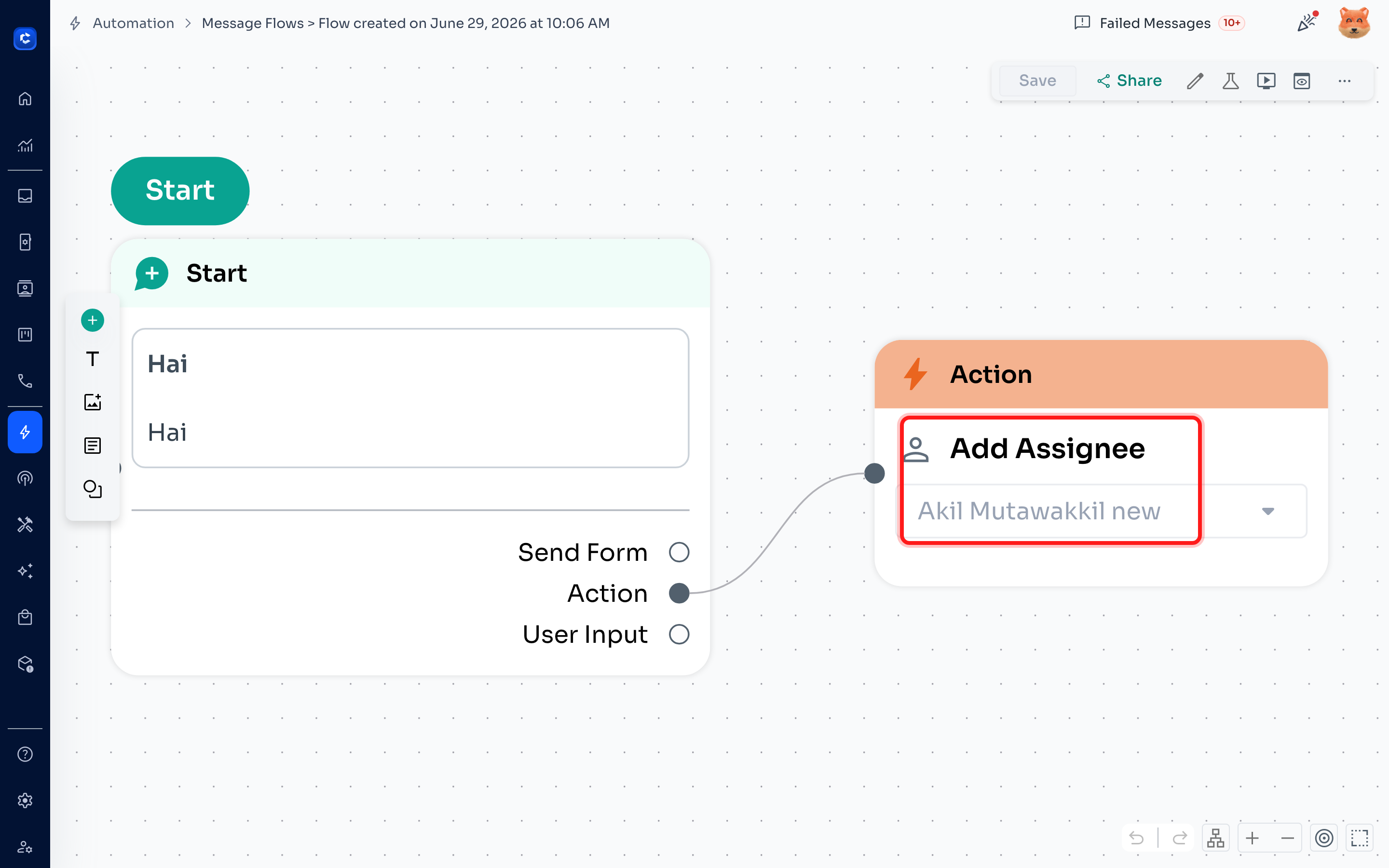 The Message Flow you land on, showing the Action › Add Assignee step that assigned the chat.