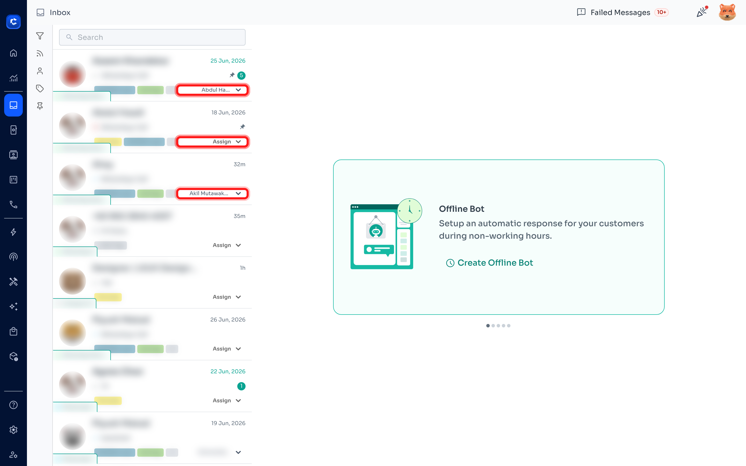 Each chat row shows its assignee on the right.