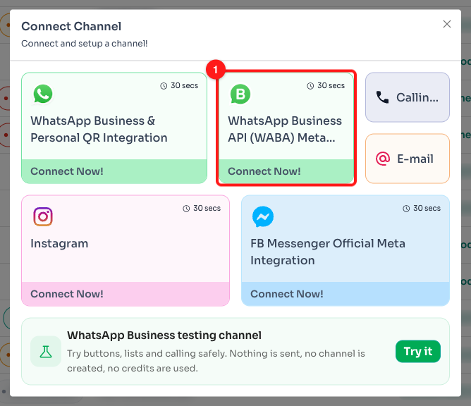 Step 3.2: Pick the WhatsApp Business API (WABA) Meta Partner card (1).