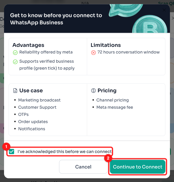 Step 3.3: Tick the acknowledgement (1), then Continue to Connect (2).