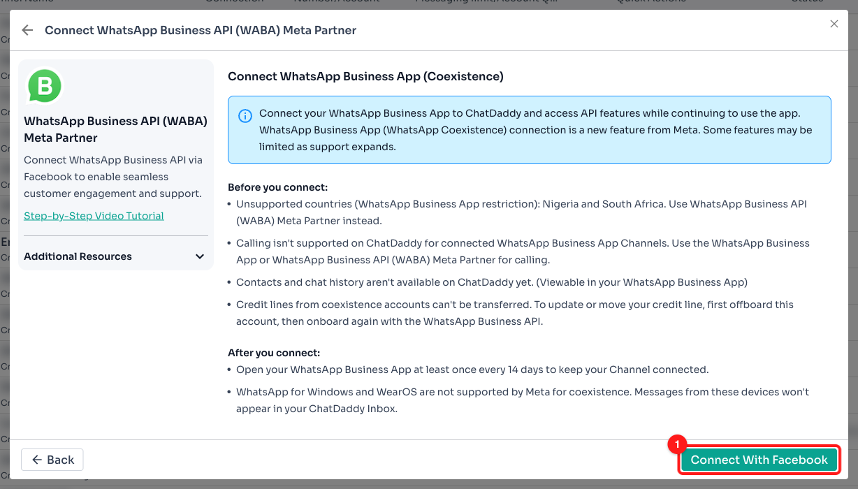 Step 3.5: The Coexistence checklist. Click Connect With Facebook (1).