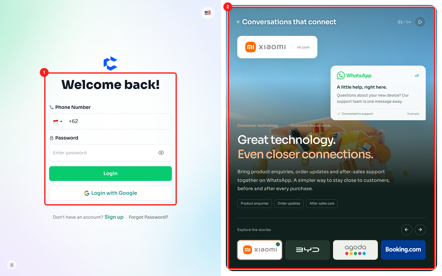 Step 1 — the sign-in form you use as usual (1) and the new stories panel beside it (2).