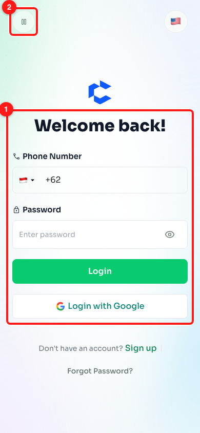 Step 5 — on a phone the form comes first (1), and the pause button (2) stops the background animation.