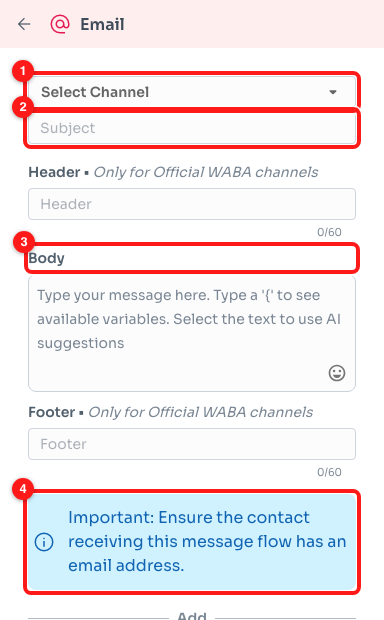 Step 2 — the email step: the channel it is sent from (1), the subject line (2), the body (3) and the reminder about the recipient (4).