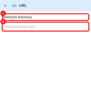 Step 4 — the URL step: the Website Address label (1) and the box you type into (2).