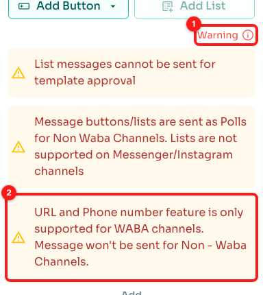 Step 6 — the Warning link (1) opens the banners; the last one (2) is the rule for URL and Phone Number buttons.