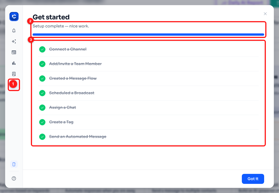 Step 4 — the rocket icon opens the panel (1); the progress line reports how far you are (2); the seven tasks sit below it (3).