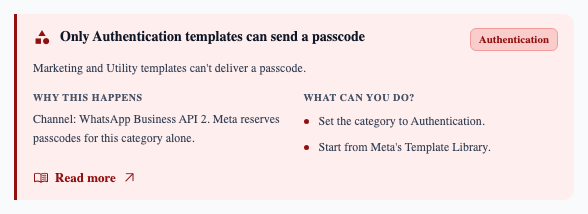 “Only Authentication templates can send a passcode” — the category was wrong, not the wording.