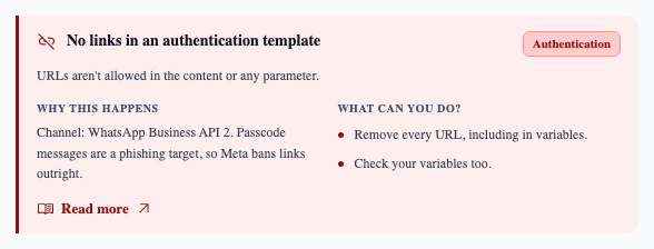 “No links in an authentication template” — check your variables as well as the body text.