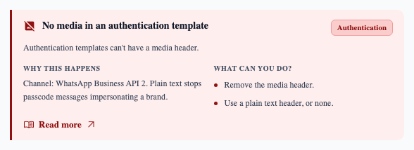 “No media in an authentication template” — remove the media header and resubmit.