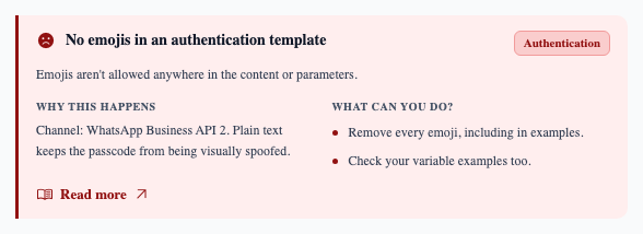“No emojis in an authentication template” — the variable examples count too.