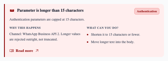 “Parameter is longer than 15 characters” — longer values are rejected, not truncated.