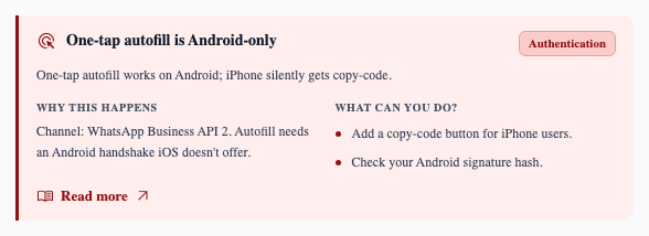 “One-tap autofill is Android-only” — iPhone users need the copy-code fallback.