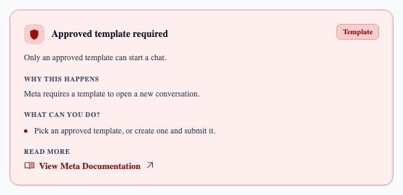 “Approved template required” — pick an approved template, or create one and submit it for approval.