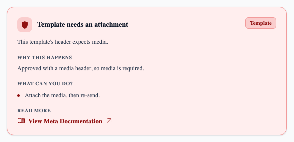 “Template needs an attachment” — the header expects media, so media is required.