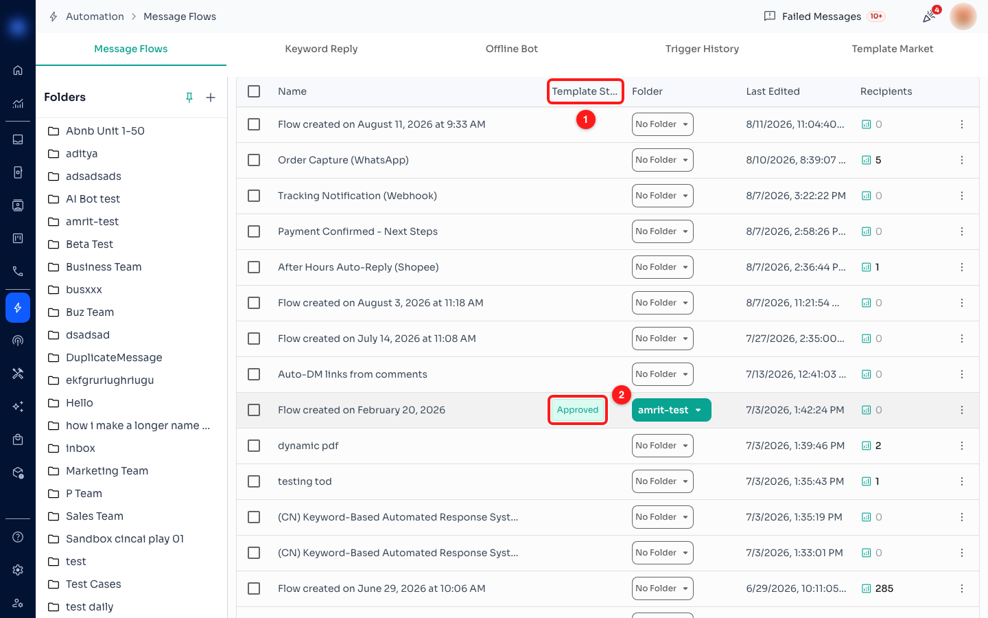 Step 1 — the Template Status column (1) and an approved flow (2). Flows with no template attached leave the column empty.