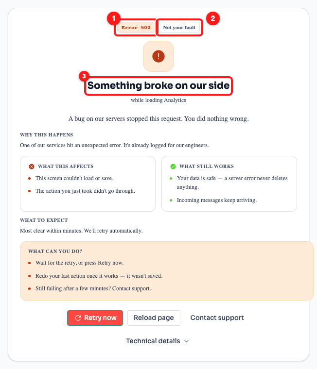 Step 1 — the error code (1), the “Not your fault” label (2), and the plain-language title with the screen name underneath (3).