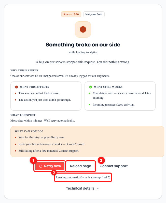 Step 3 — “Retry now” runs it immediately (1), “Reload page” reloads the screen (2), and the countdown shows the next automatic attempt (3).