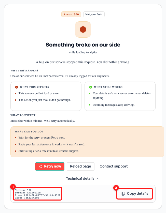 Step 4 — the diagnostics block (1) and the “Copy details” button (2). Paste this into your support ticket.