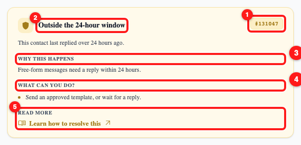 The five parts of every send-error card: the Meta code (1), the plain-language title (2), why it happened (3), what to do (4), and the link to the full article (5).