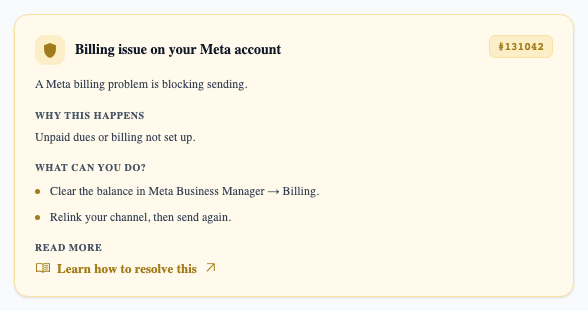A Meta billing problem blocks sending until the balance is cleared in Business Manager.