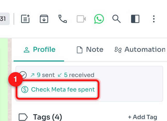 Click "Check Meta fee spent" (1) in the Contact panel.